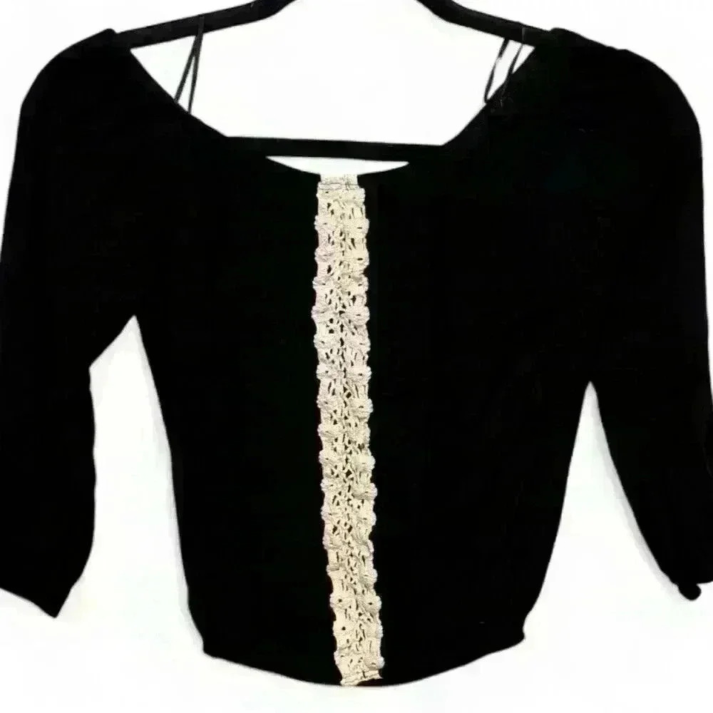 Alpha Women's Off-Shoulder Black Velvet Blouse Lace Trim Size Small